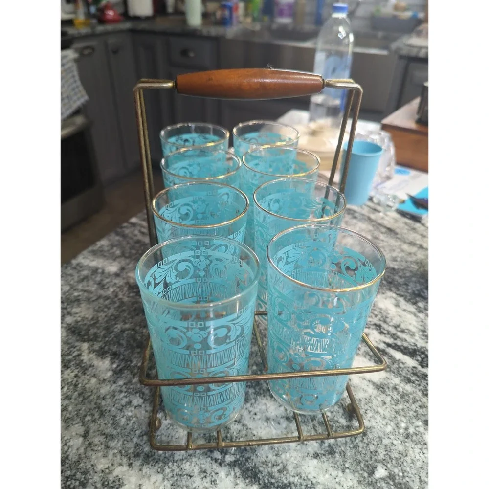 8 Vintage Anchor Hocking Chantilly Turquoise Drinking Glasses With MCM Holder